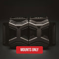 Two black tactical-style pistol magazine mounting brackets shown side by side on a dark background, with a red label at the bottom reading 'MOUNTS ONLY'.