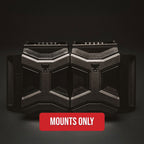 Two black tactical-style pistol magazine mounting brackets shown side by side on a dark background, with a red label at the bottom reading 'MOUNTS ONLY'.